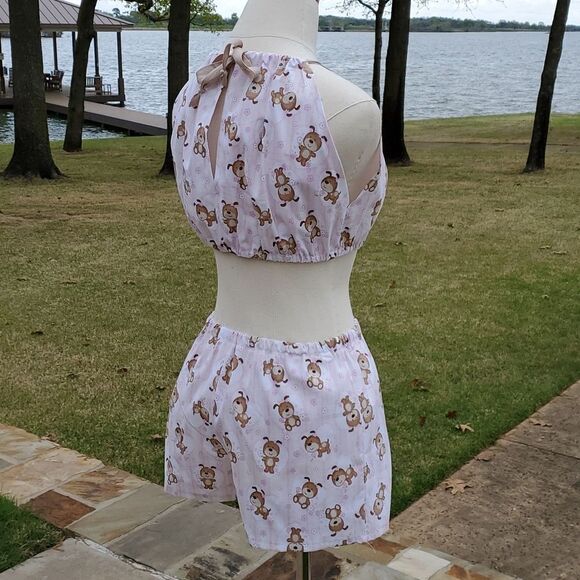 Hey Sue! Vintage Dogs Flowers Handmade Crop Top Shorts Set 70s Style - Picture 6 of 8